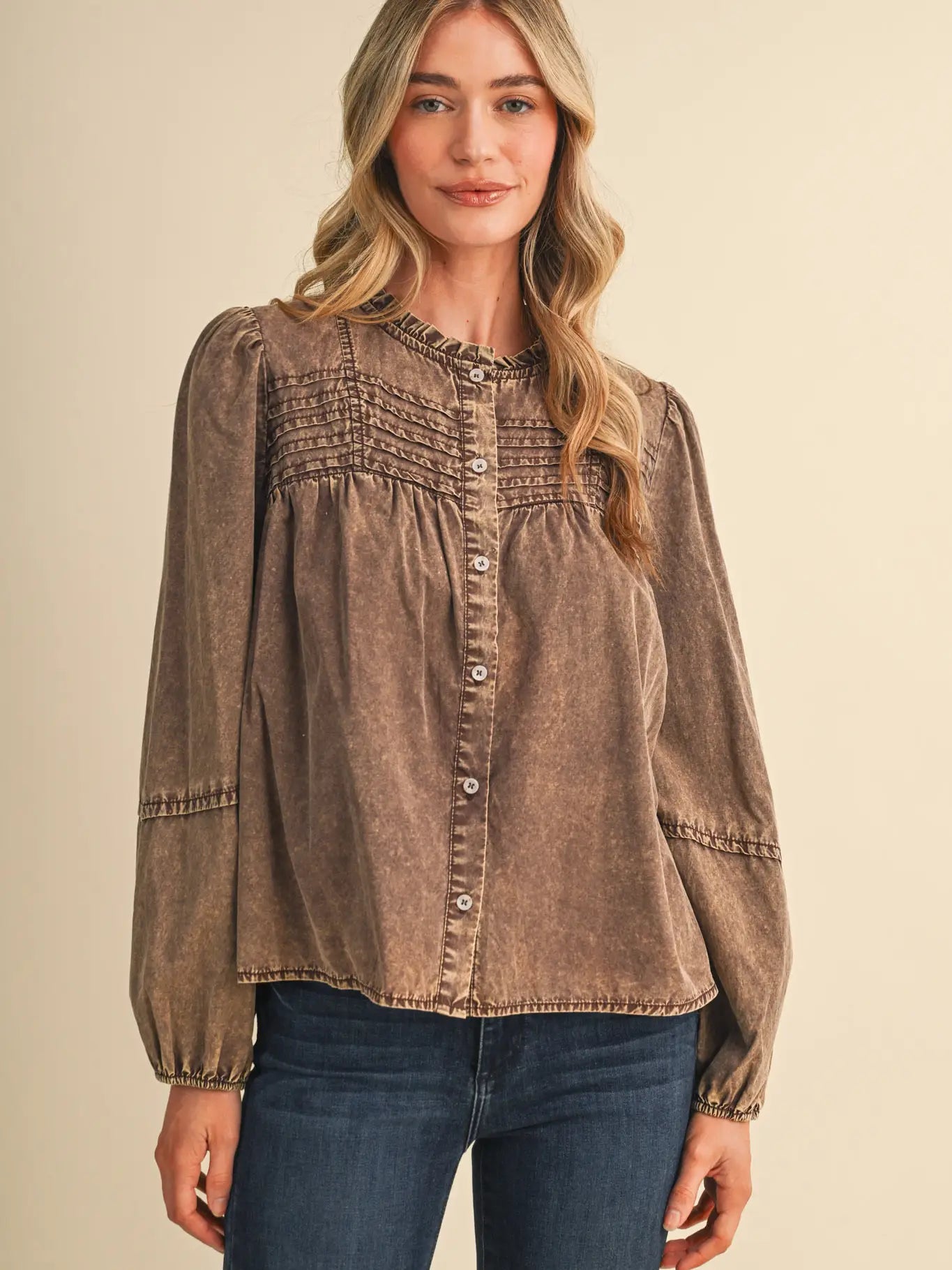 Washed Tencel Pin Tuck Button Up Top