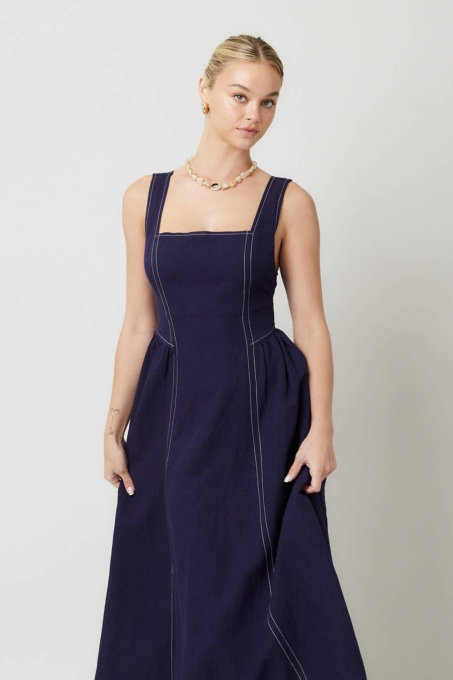 Linen Contrast Stitch Midi Dress