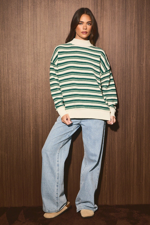 Striped Mock Neck Oversized Knit Sweater Top