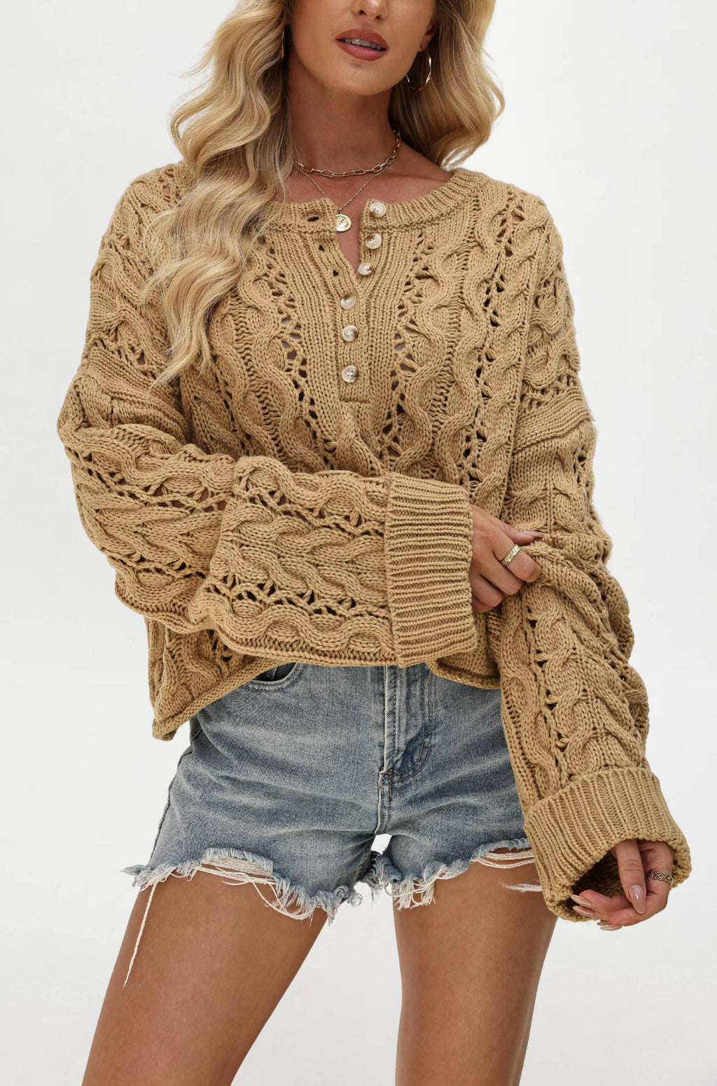 Chunky Open-Knit Henley Sweater with Wide Sleeves