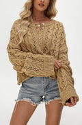Chunky Open-Knit Henley Sweater with Wide Sleeves