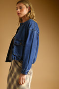 Round Neck w/Pocket Front Denim Jacket