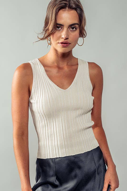 Textured Ribbed V Neck Knit Tank Top