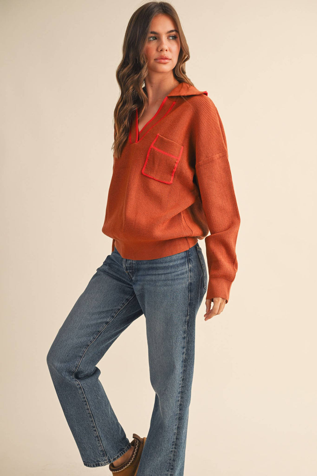 Ribbed Collar Pull Over Sweater