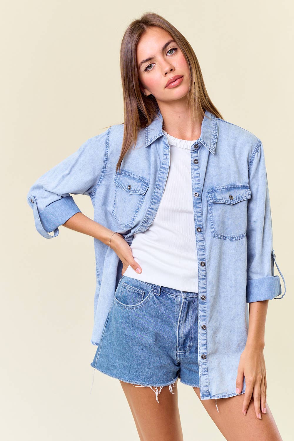 Chambray Button Down Shirt With Roll up Sleeve