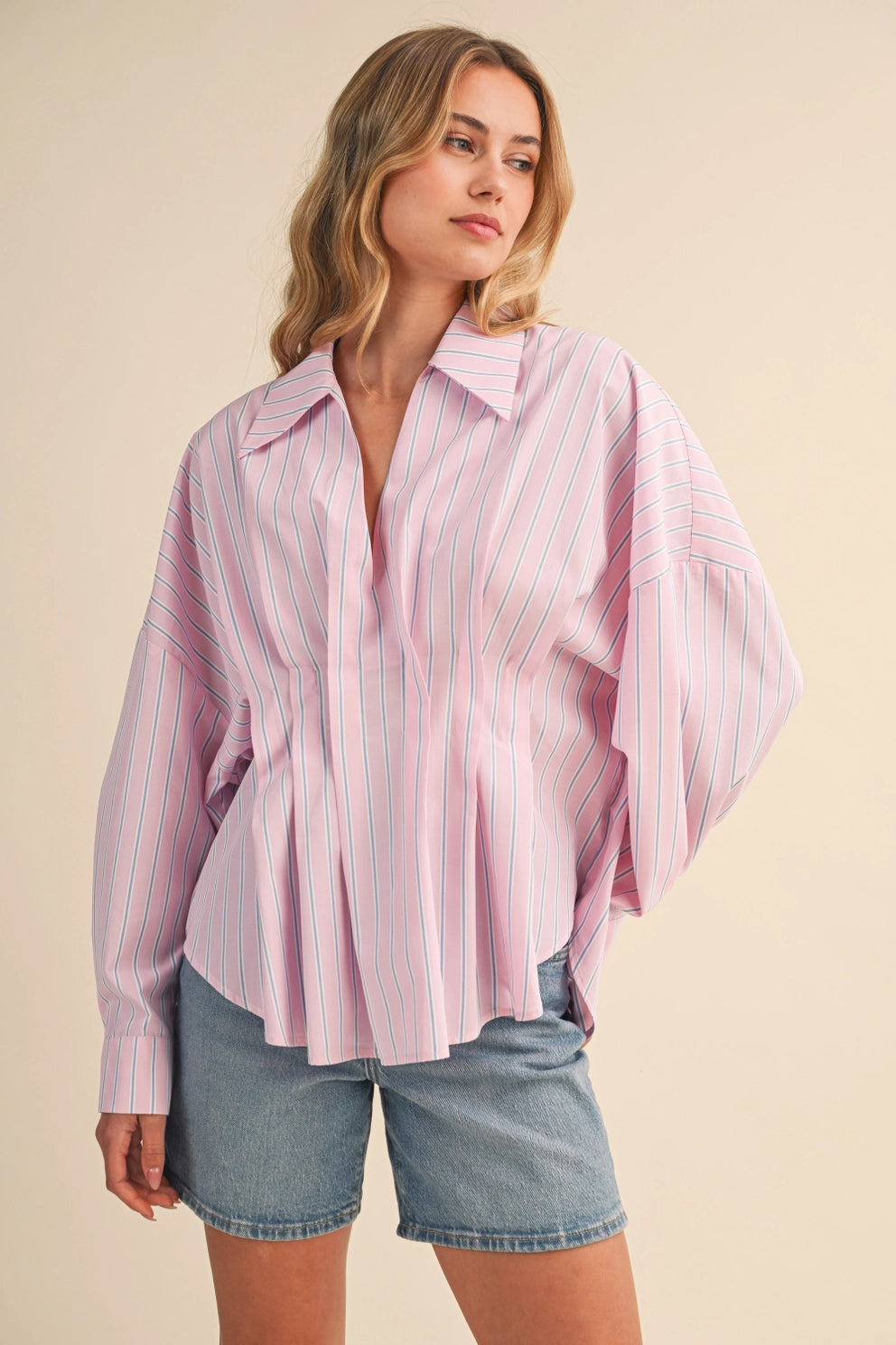 Long-sleeved Collared Stripes Shirt with Pleats Details
