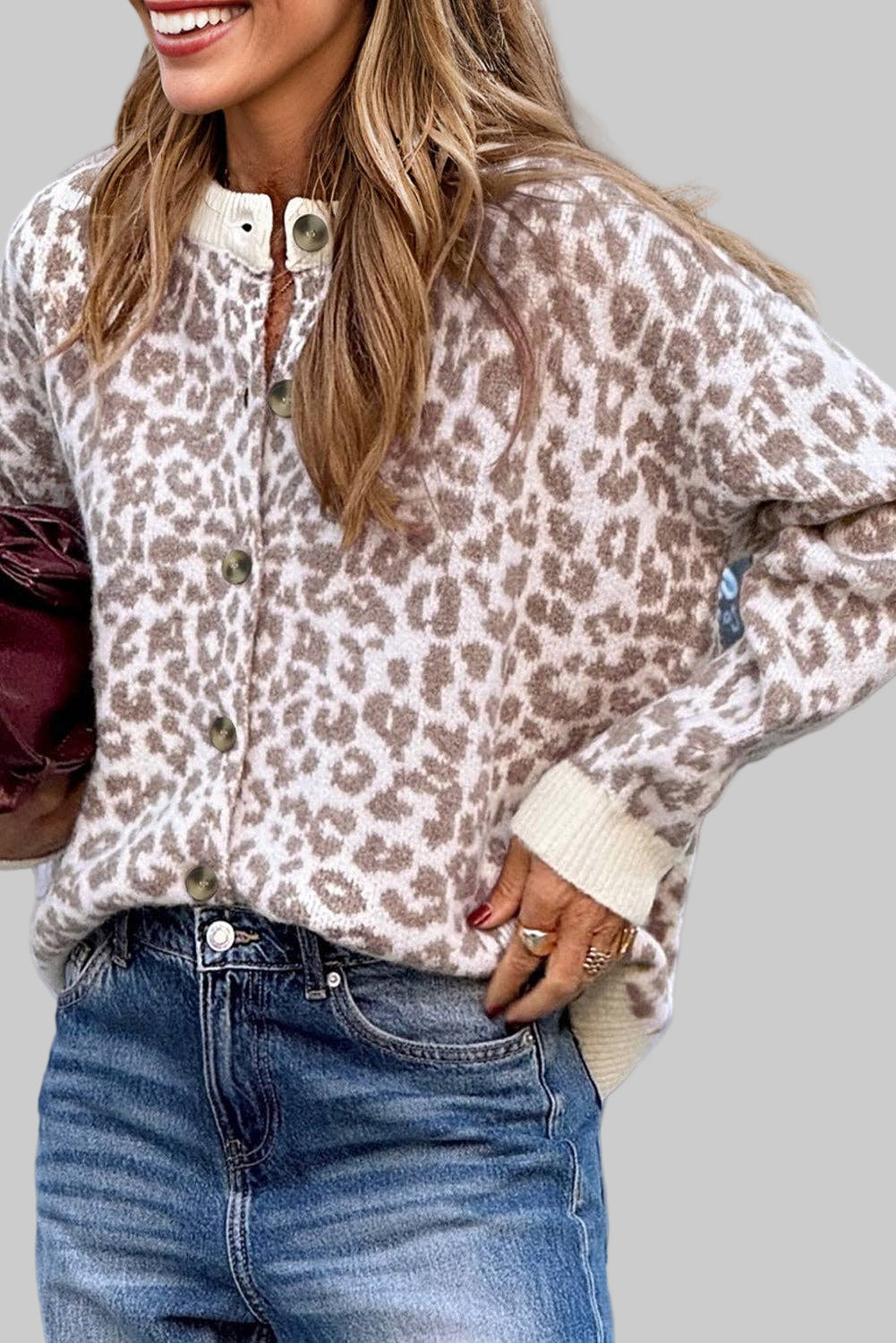 Leopard Drop Shoulder Chunky Knitted Cardigan Sweater