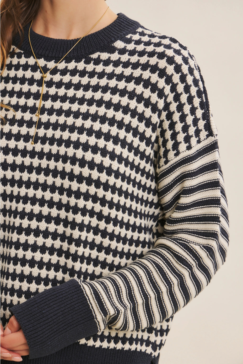 Relaxed Fit Textured Mix Stripe Crewneck Sweater