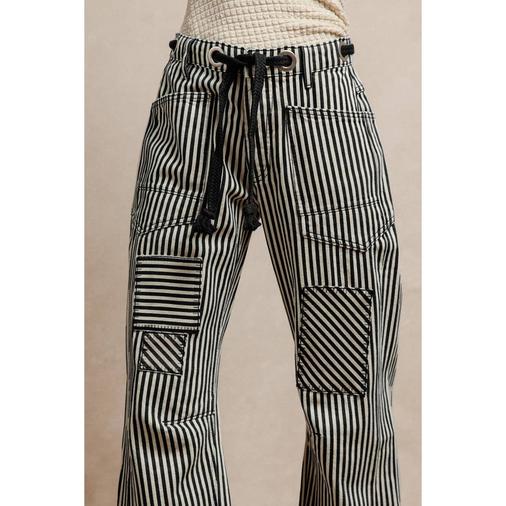 STRIPED TWILL BARREL PANTS