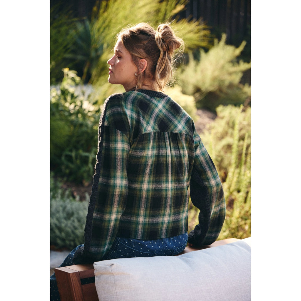Woodland Plaid Back Cable Knit Sweater Top