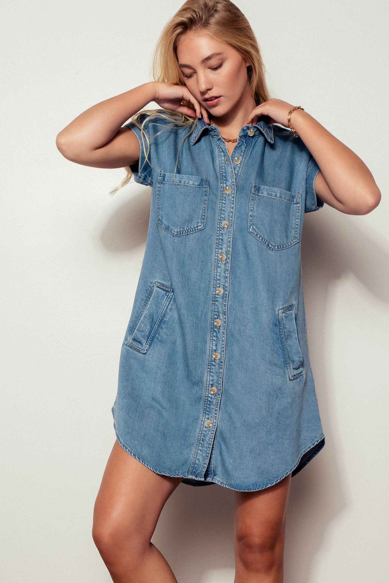 Relaxed Button-Down Pocket Western Denim Mini Dress