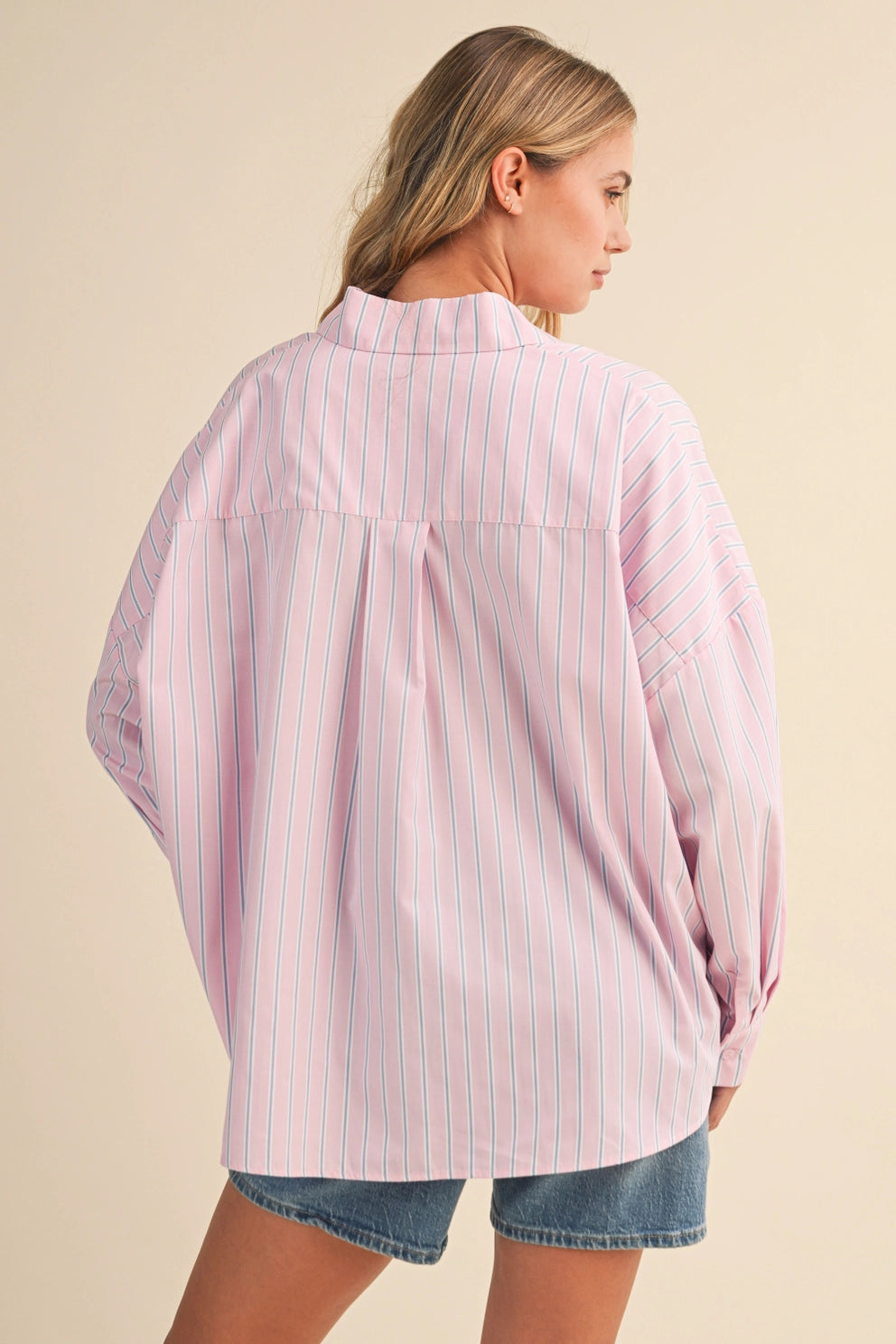 Long-sleeved Collared Stripes Shirt with Pleats Details