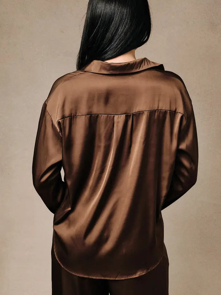 Satin Shirt Collar High-Low Button Down Top