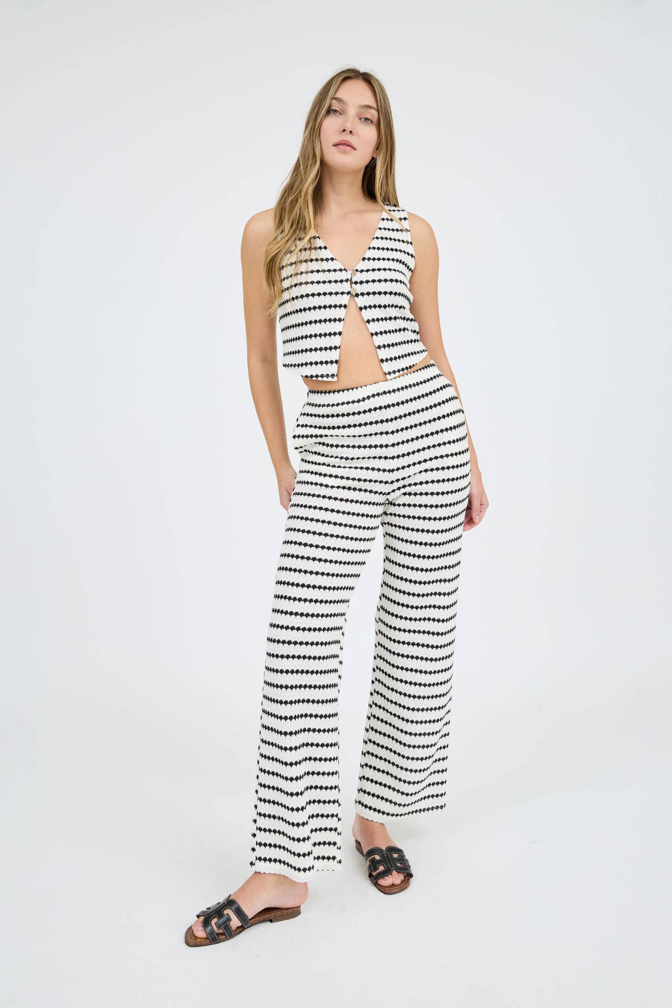 Stripe Knit Vest Top and Wide Leg Bottoms Set