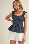 Sleeveless Smocked Peplum Denim Top