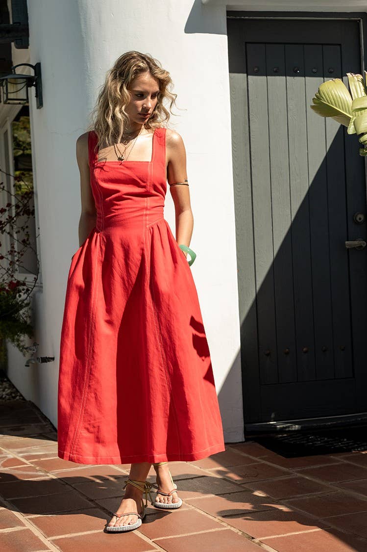 Linen Contrast Stitch Midi Dress