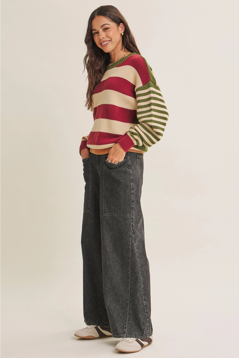 Bold Heritage Inspired Color Block Cotton Sweater Top