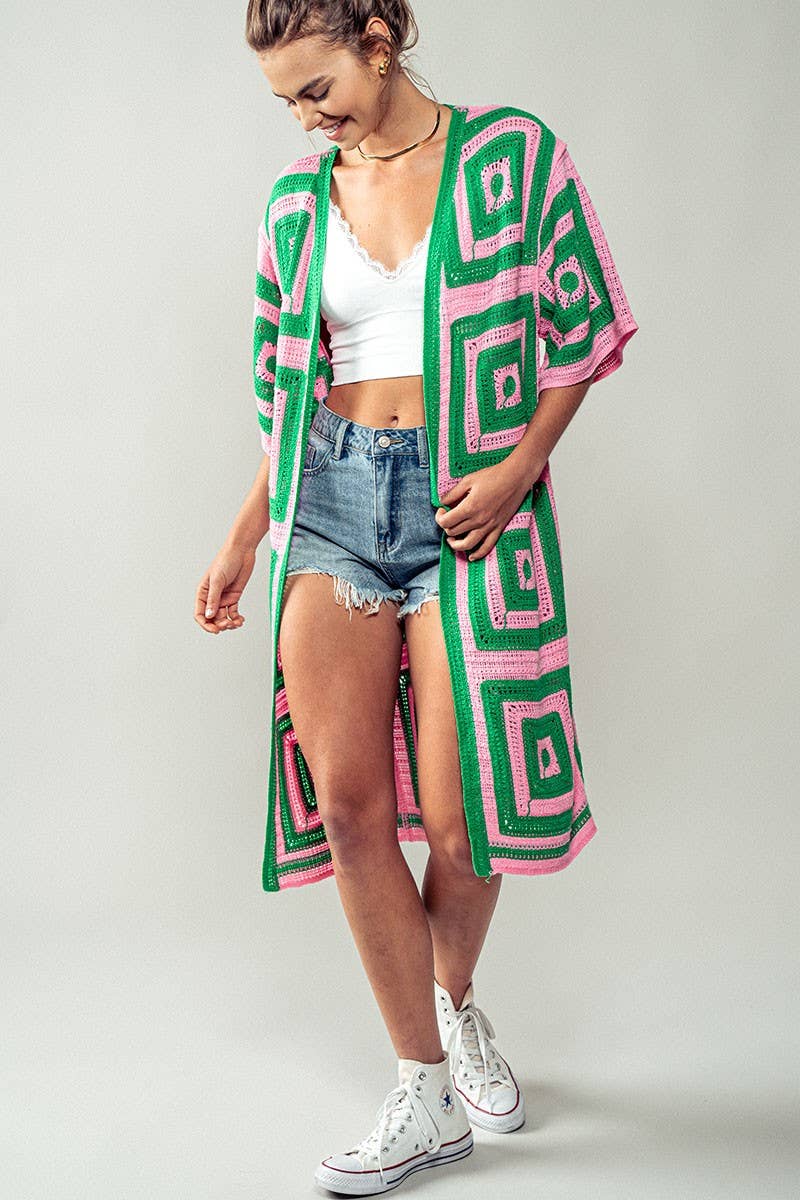 Geometric Crochet Midi Length Open Front Cardigan