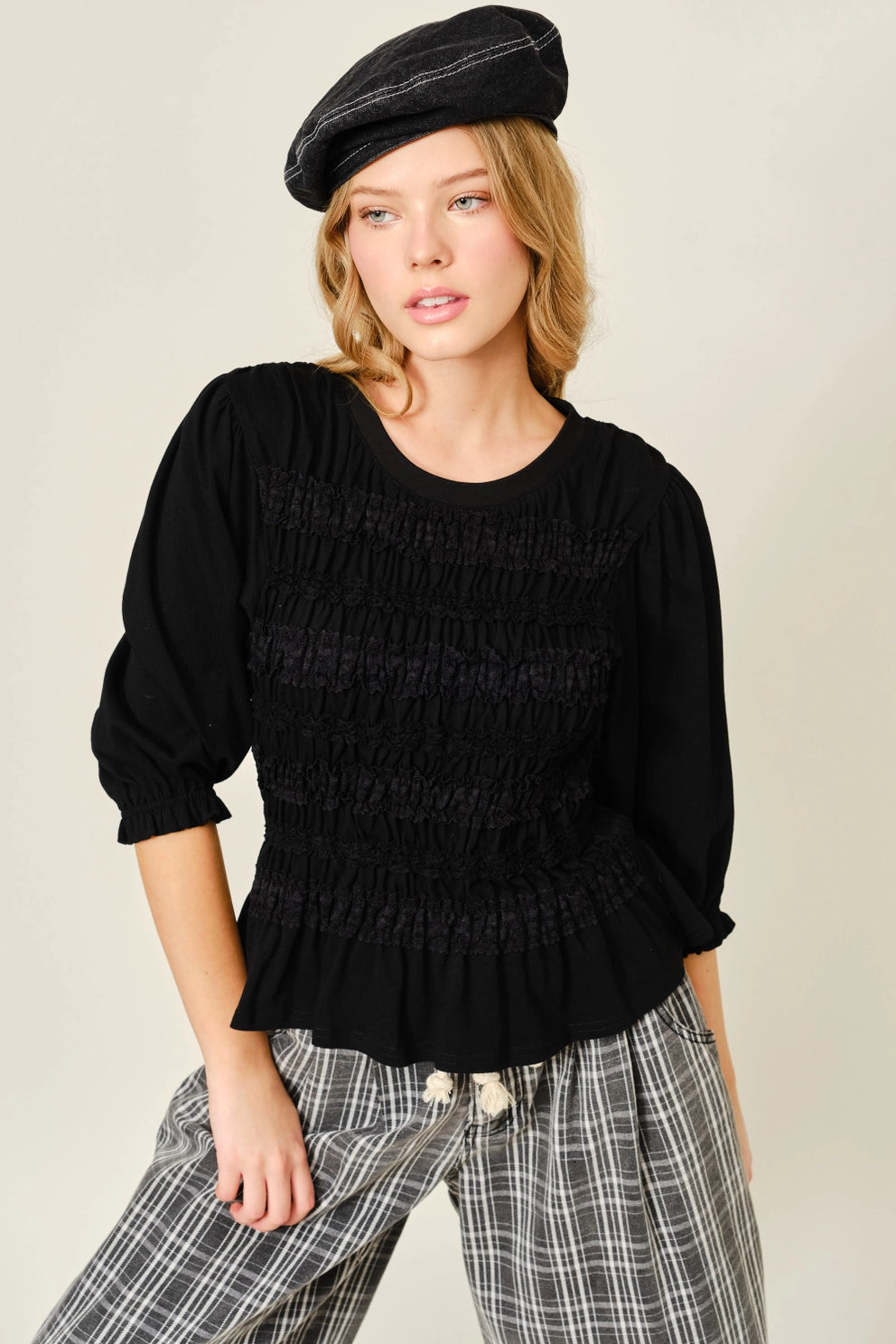 Lace Smocked Quater Sleeve Knit Top