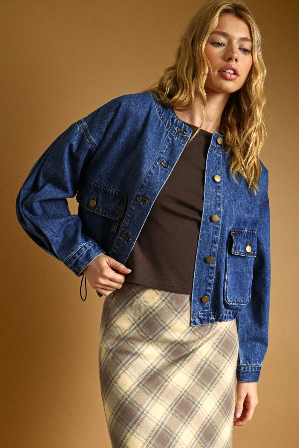 Round Neck w/Pocket Front Denim Jacket