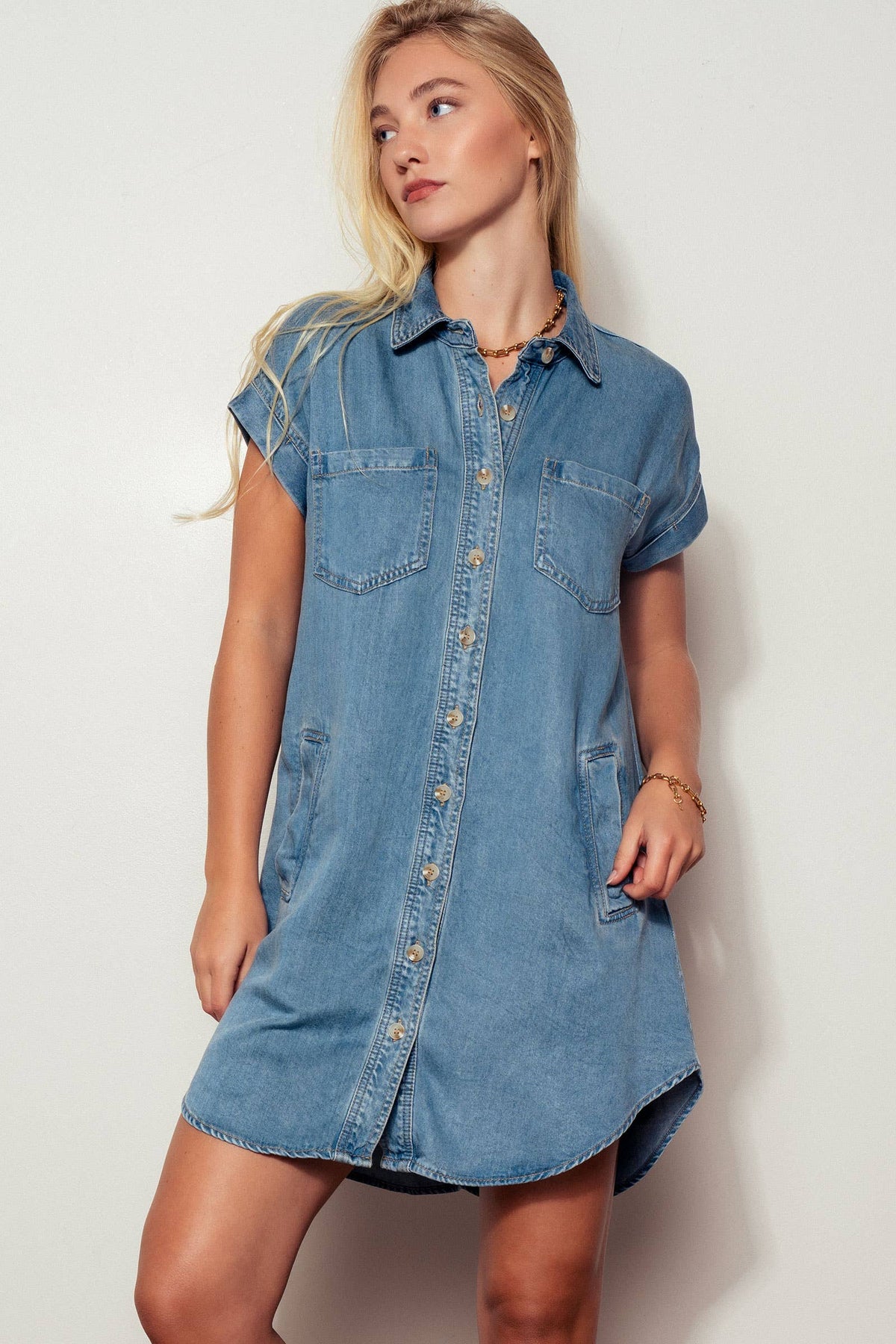 Relaxed Button-Down Pocket Western Denim Mini Dress