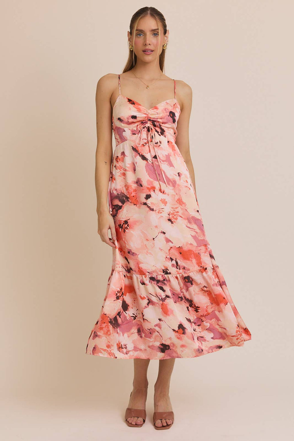 Sweetheart Strap Front Tie Floral Dress