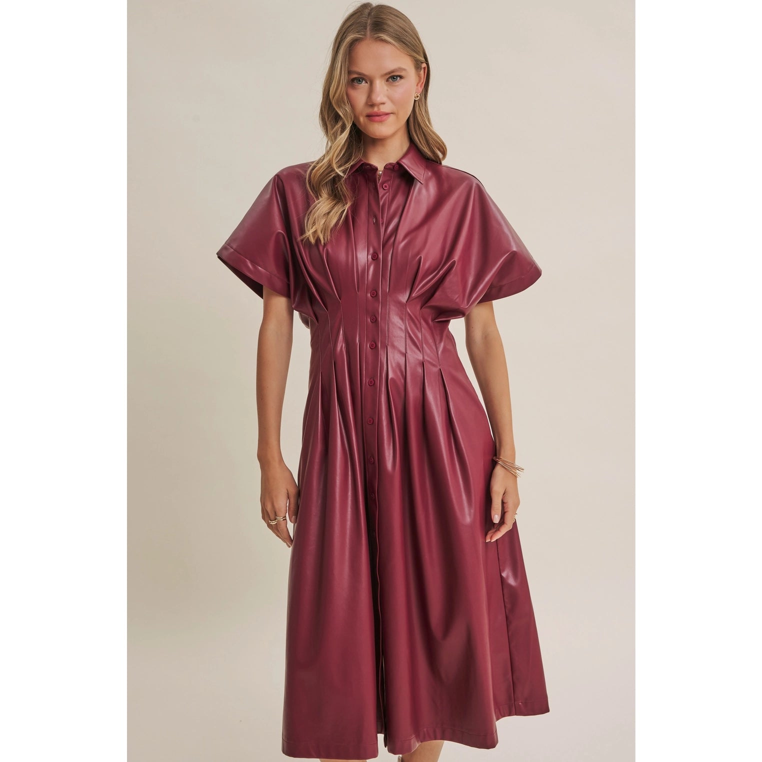 Slow City Lights Leather Pin Tuck Midi Dress