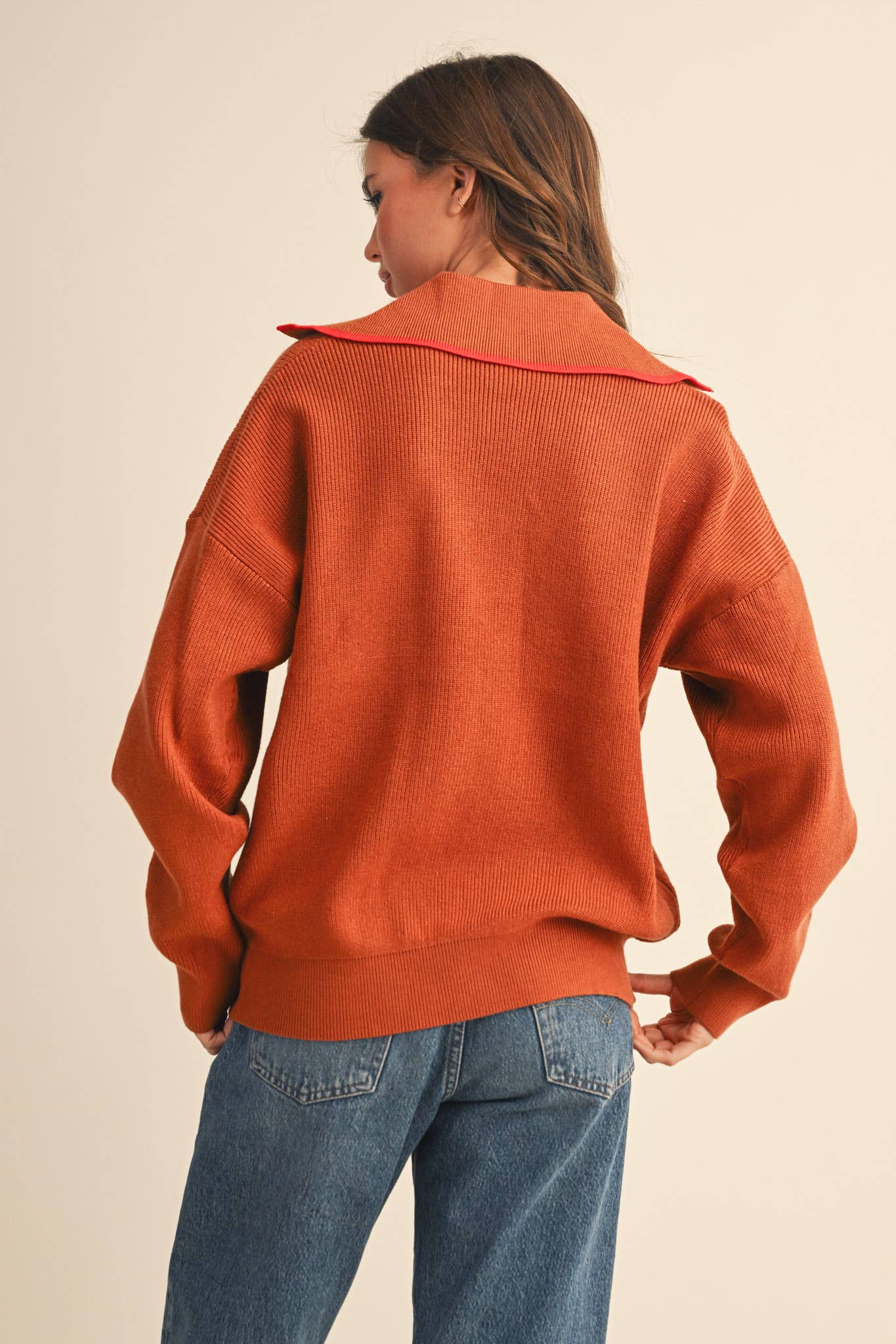 Ribbed Collar Pull Over Sweater
