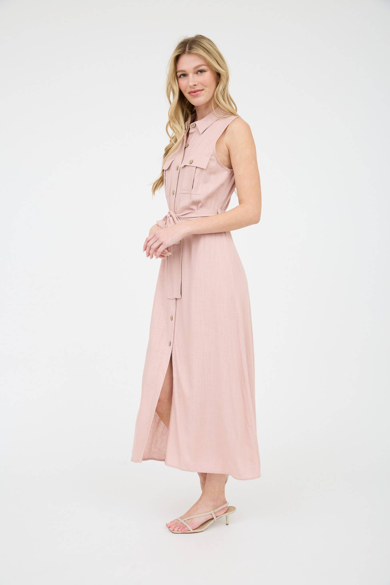 Collared Button Down Sleeveless Belted Midi Dress
