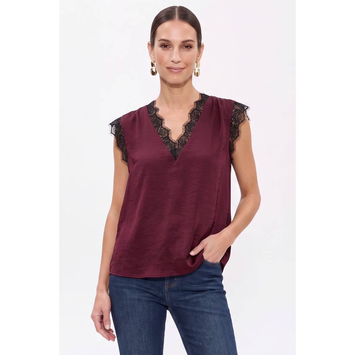 Neck Lace Trim Sleeveless Blouse
