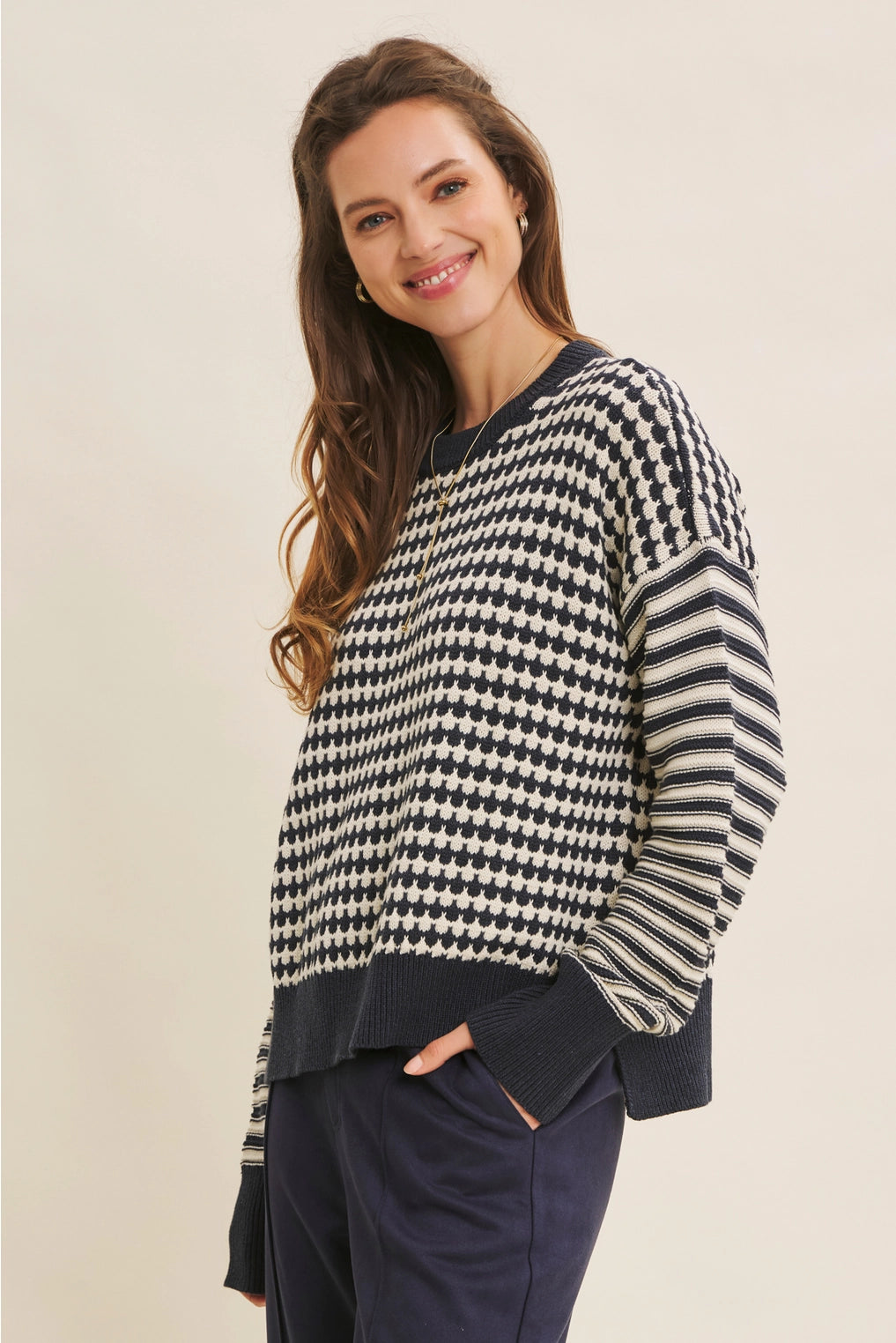 Relaxed Fit Textured Mix Stripe Crewneck Sweater