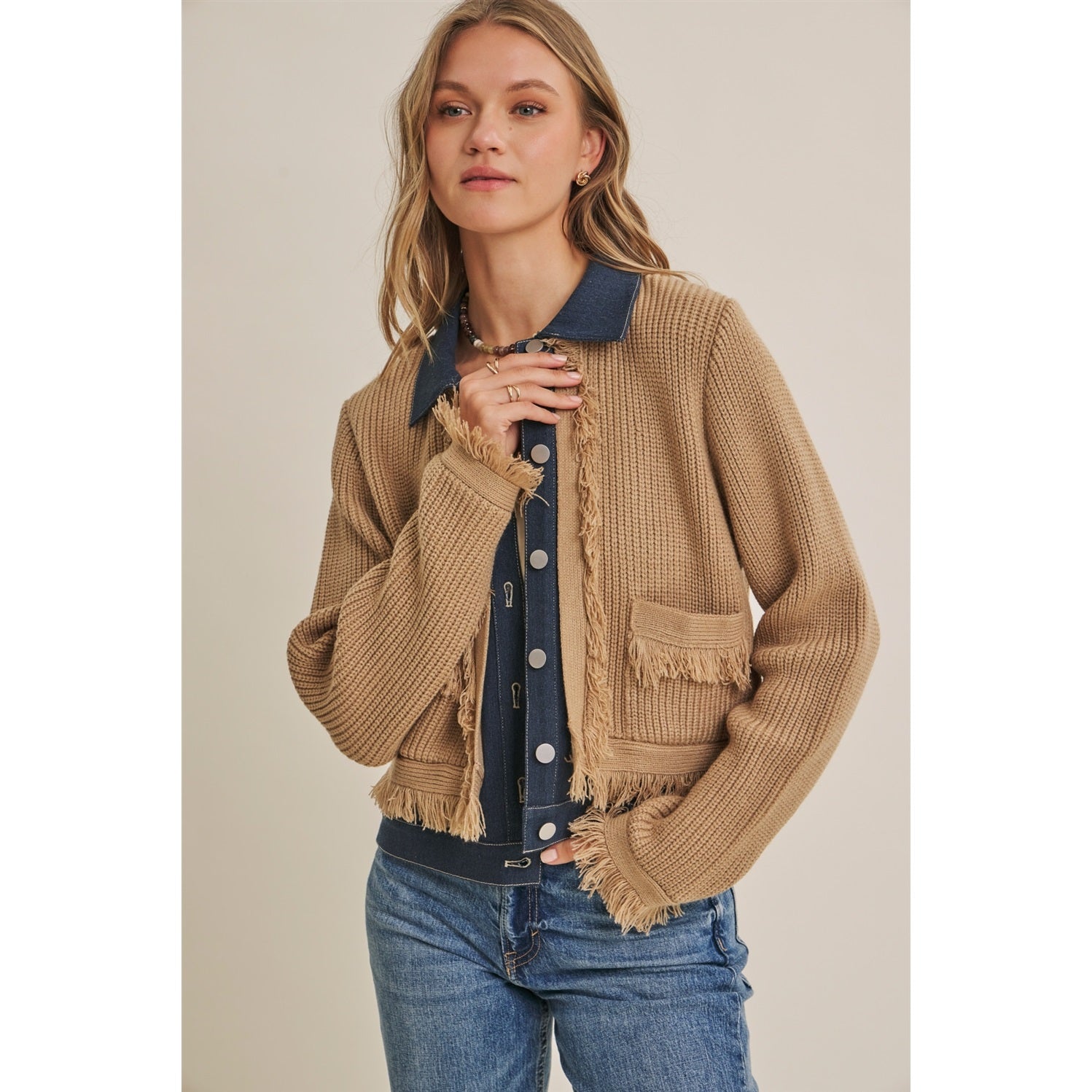 Denim Layered Sweater Fringe Cardigan Jacket