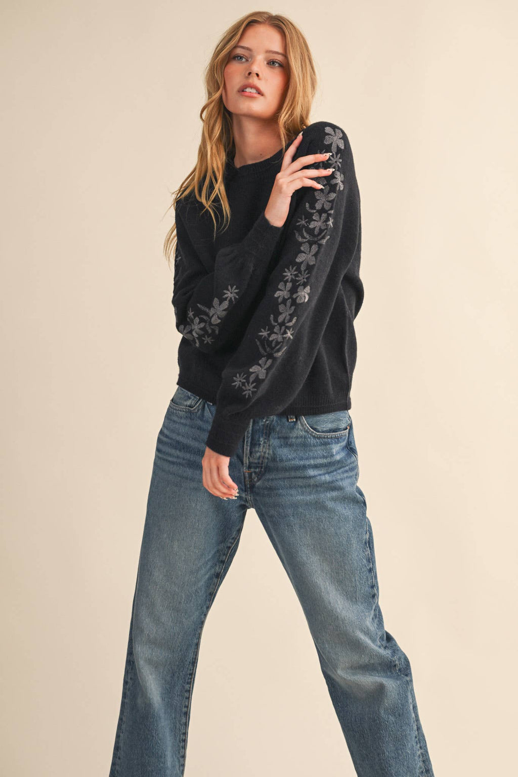 Pullover Sweater with Floral Embroidered Sleeves