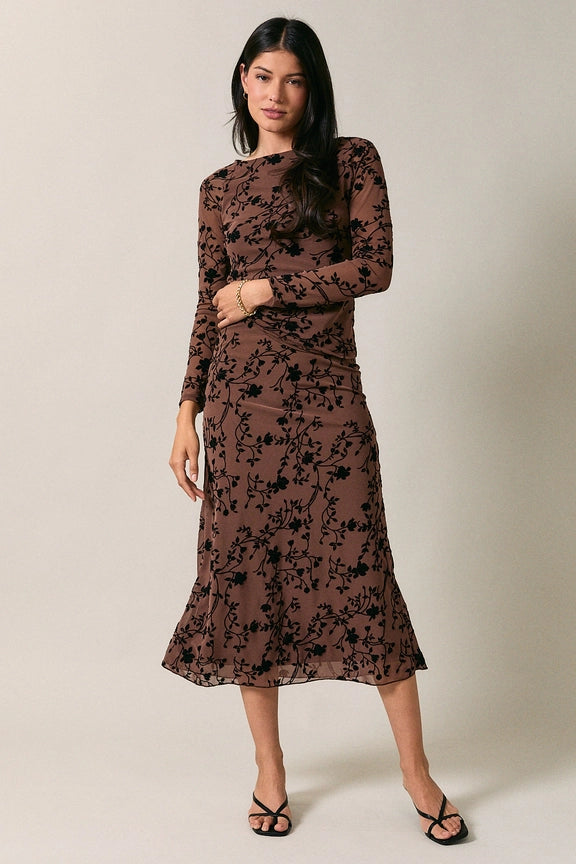 Pull On Flocking Velvet Mesh Floral Midi Skirt