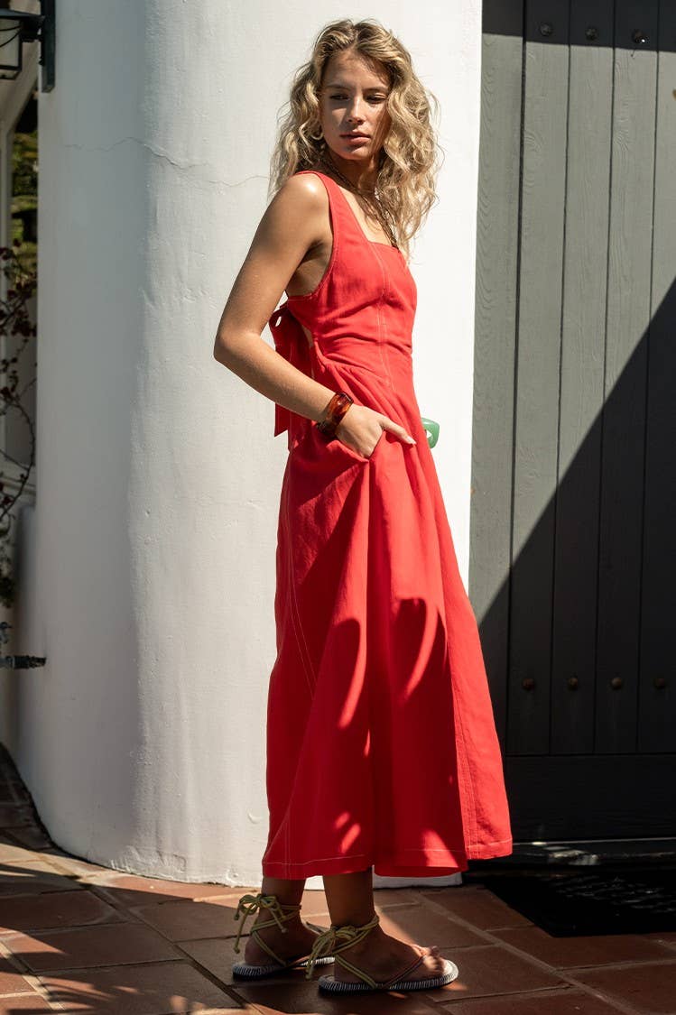 Linen Contrast Stitch Midi Dress
