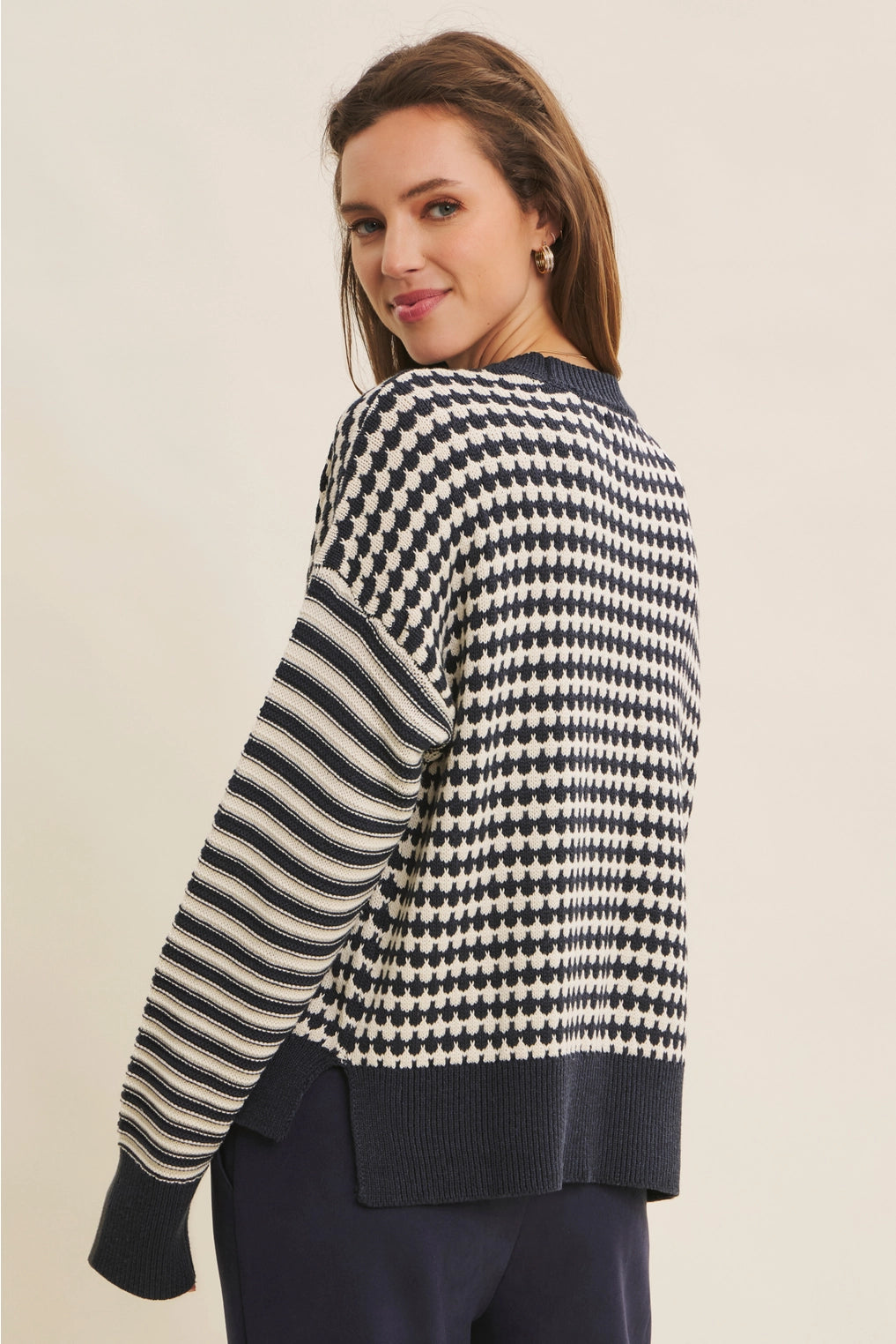 Relaxed Fit Textured Mix Stripe Crewneck Sweater