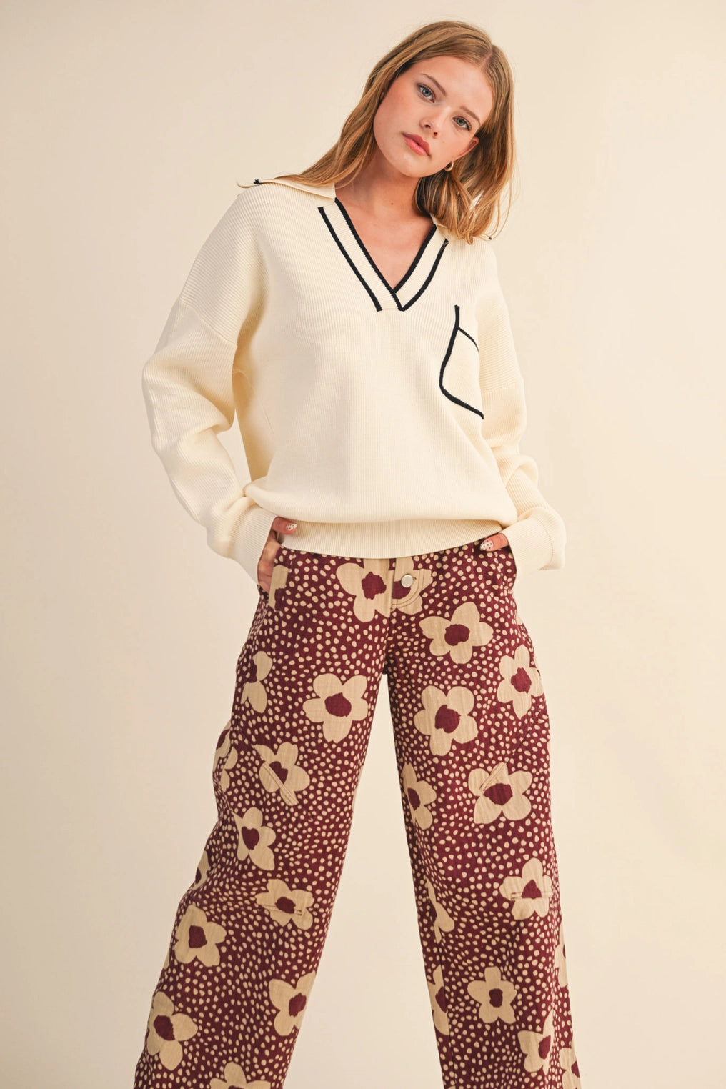 Ribbed Collared Pullover Sweater