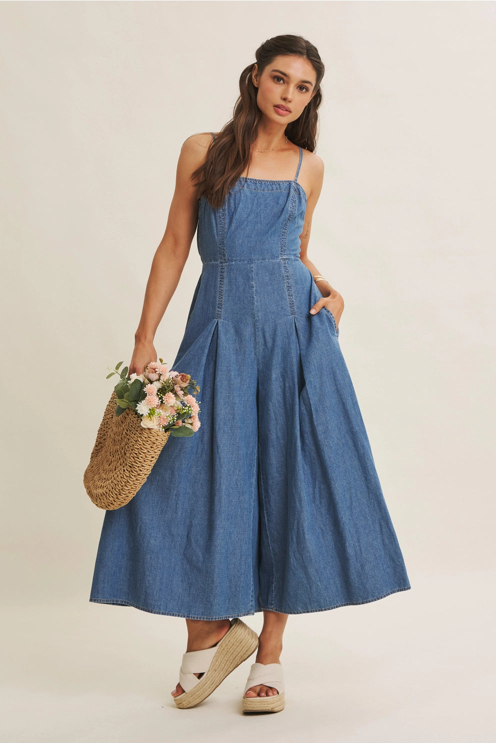 Pleated Denim Jumpsuit