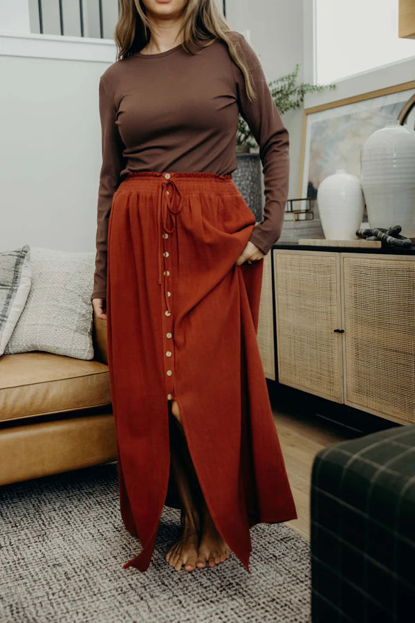 Autumn Glaze Button Front Slit Maxi Skirt