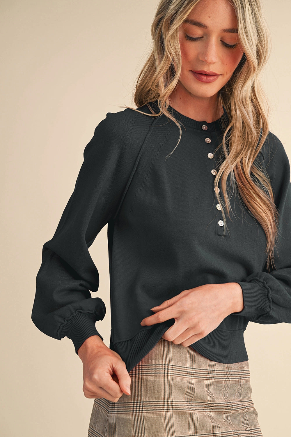 Puff Sleeve Henley Shell Button Sweater