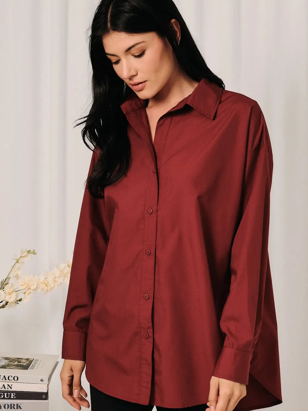 Oversized Point Collar Button Down Long Sleeve Shirt