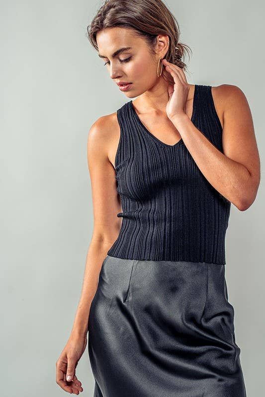 Textured Ribbed V Neck Knit Tank Top