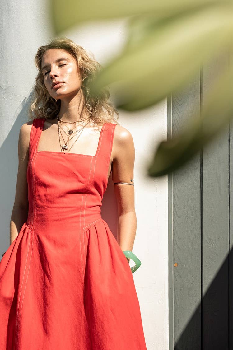 Linen Contrast Stitch Midi Dress