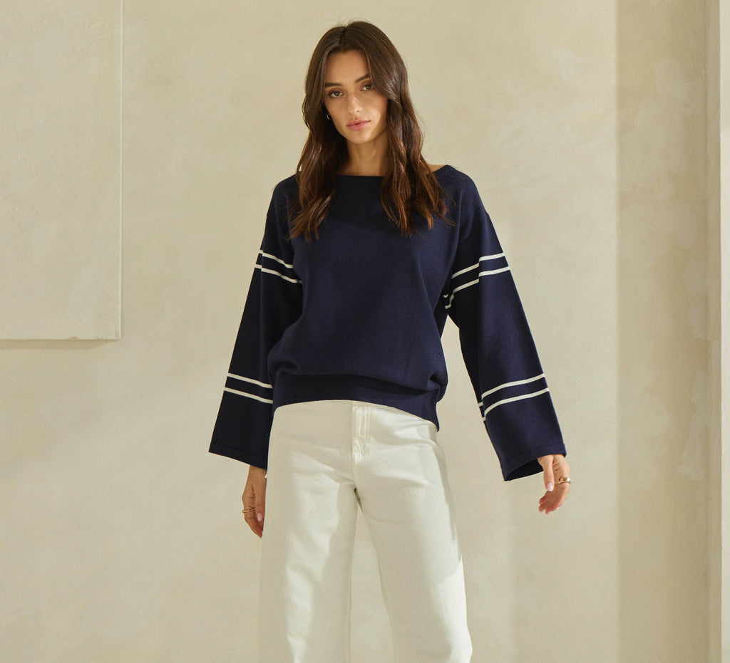 Boat Neck Striped Knit Top