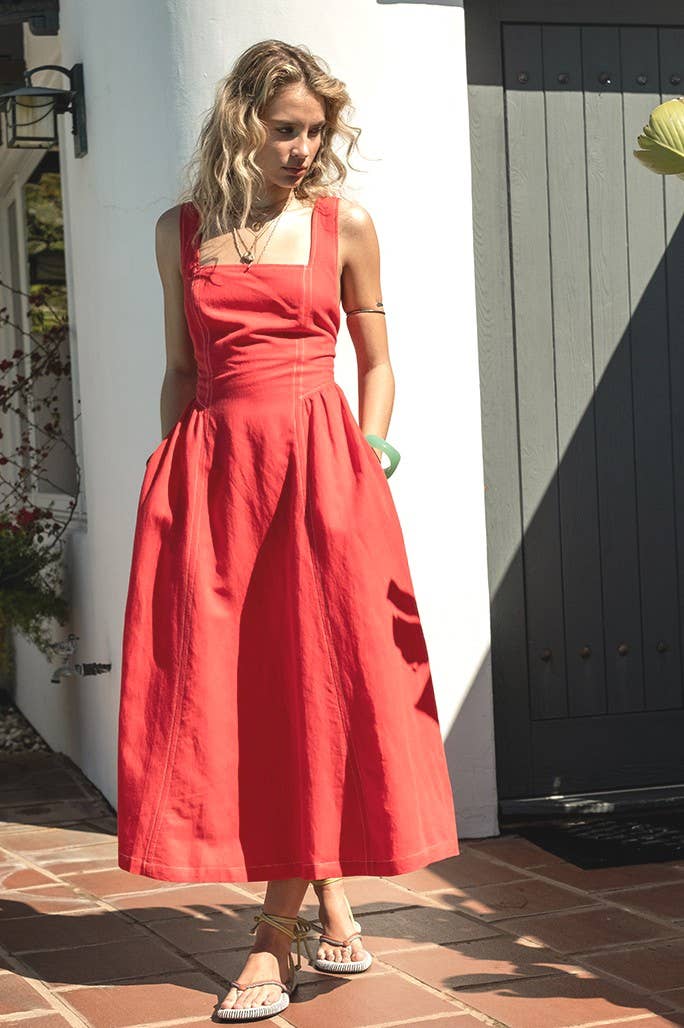 Linen Contrast Stitch Midi Dress