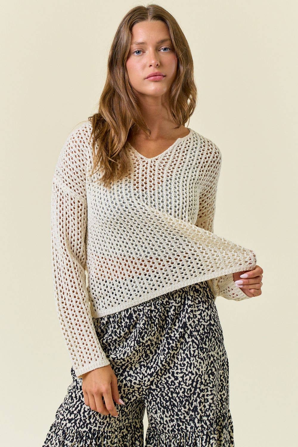 Split V-Neck Long Sleeve Open-Knit Sweater