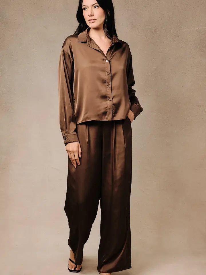Satin Shirt Collar High-Low Button Down Top