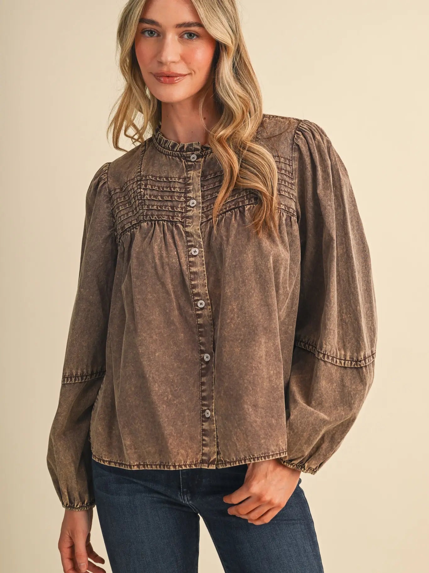 Washed Tencel Pin Tuck Button Up Top