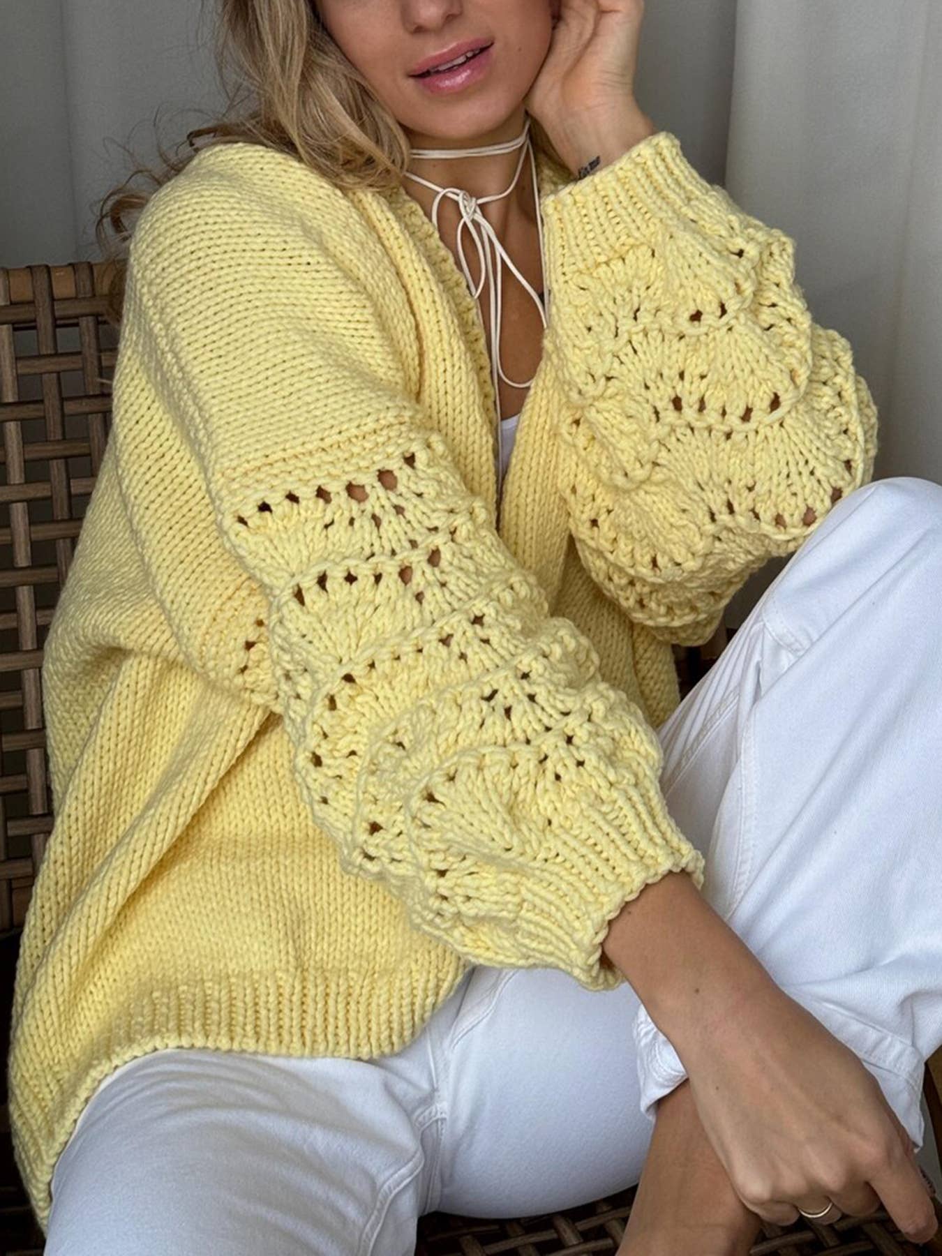 Open Front Knit Cardigan with Lace Sleeve Detail