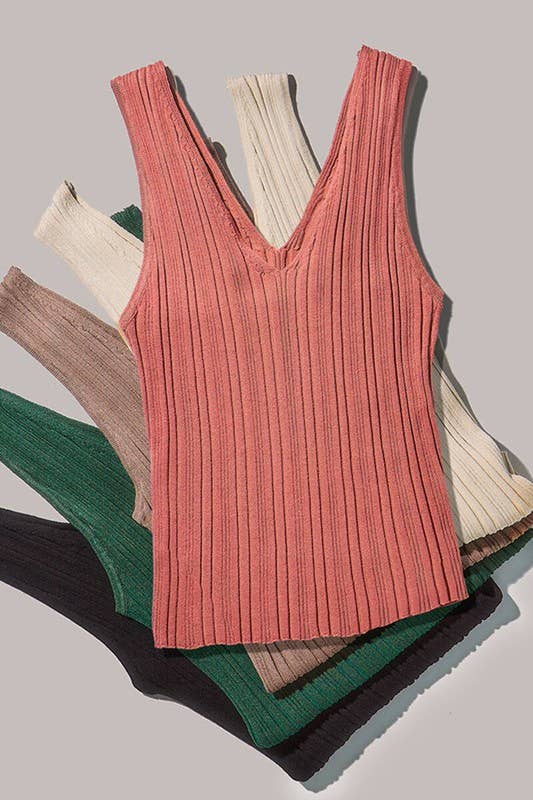 Textured Ribbed V Neck Knit Tank Top